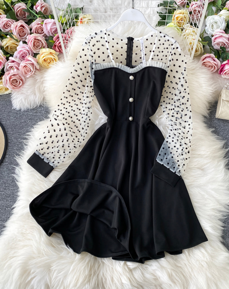 Schwarzes A-Linien-Langarmkleid Modekleid 1071