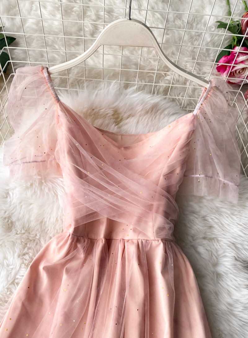 Robe courte d'été en tulle rose 1047