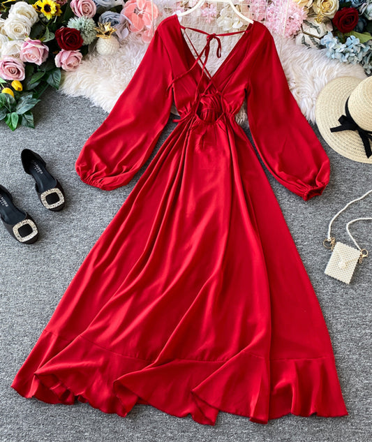 Rotes A-Linie V-Ausschnitt Langarmkleid Damenkleid 1066