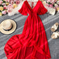 Red v neck short sleeves chiffon dress fashion dress  1065