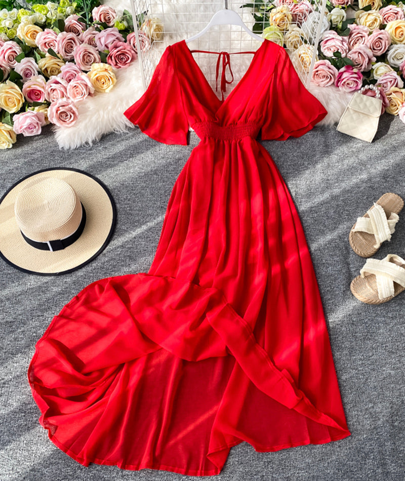 Red v neck short sleeves chiffon dress fashion dress  1065