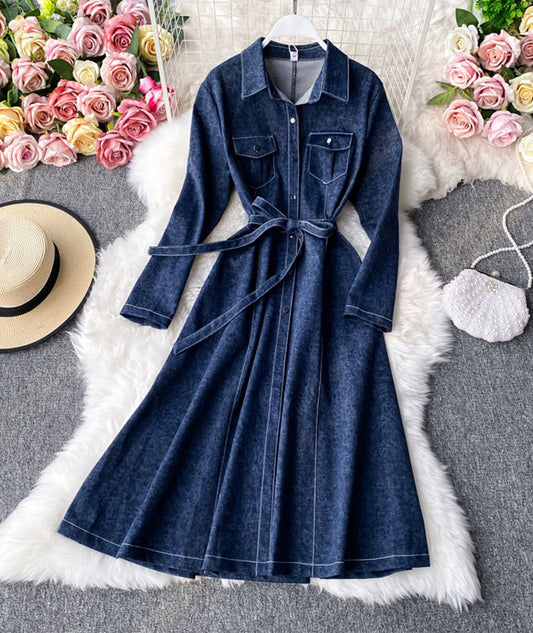 Stylisches Jeanskleid mit langen Ärmeln Damenkleid 1057