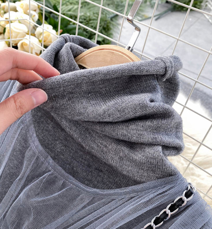 Stylish high neck bottoming shirt + sleeveless tulle dress two piece sets  991