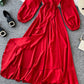 Red A line v neck long sleeve dress women's dress  1066