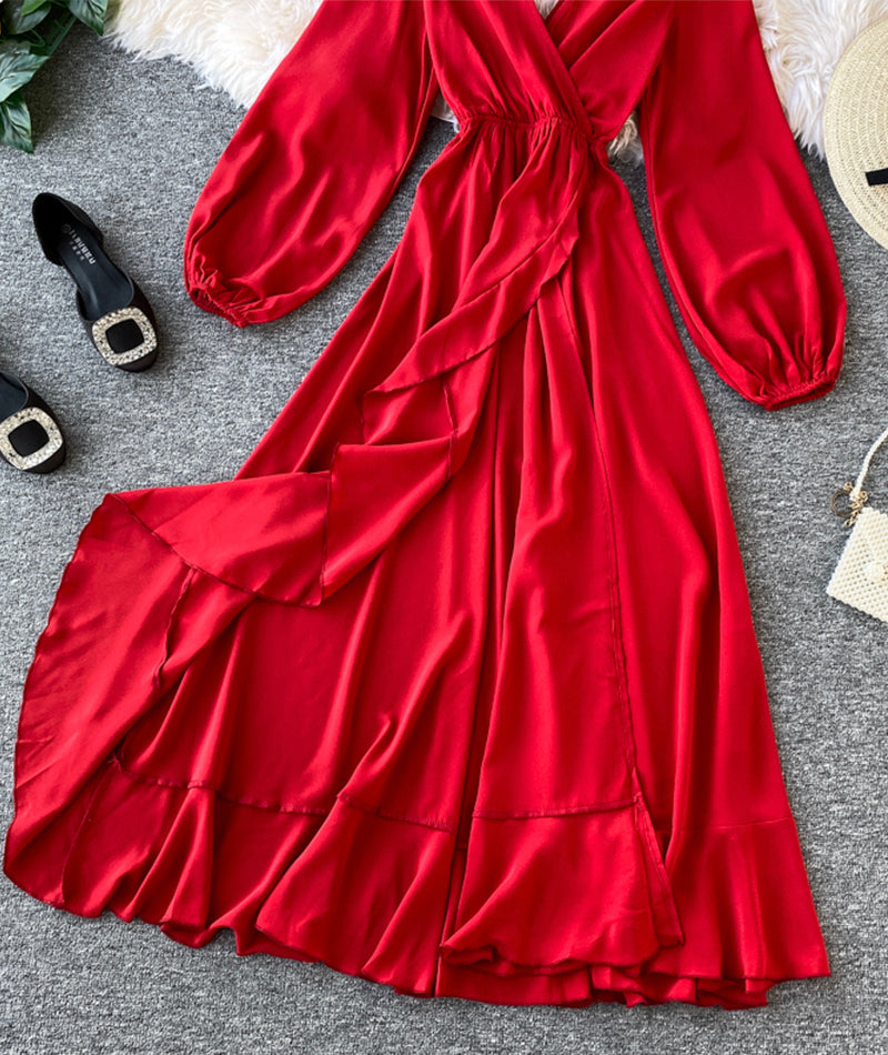 Red A line v neck long sleeve dress women's dress  1066