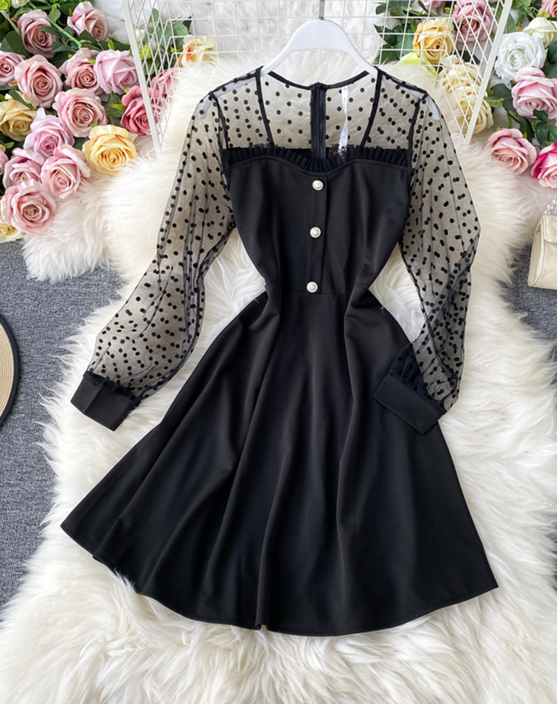 Schwarzes A-Linien-Langarmkleid Modekleid 1071