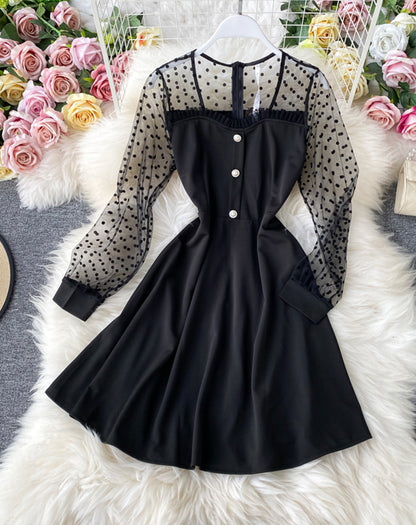 Schwarzes A-Linien-Langarmkleid Modekleid 1071