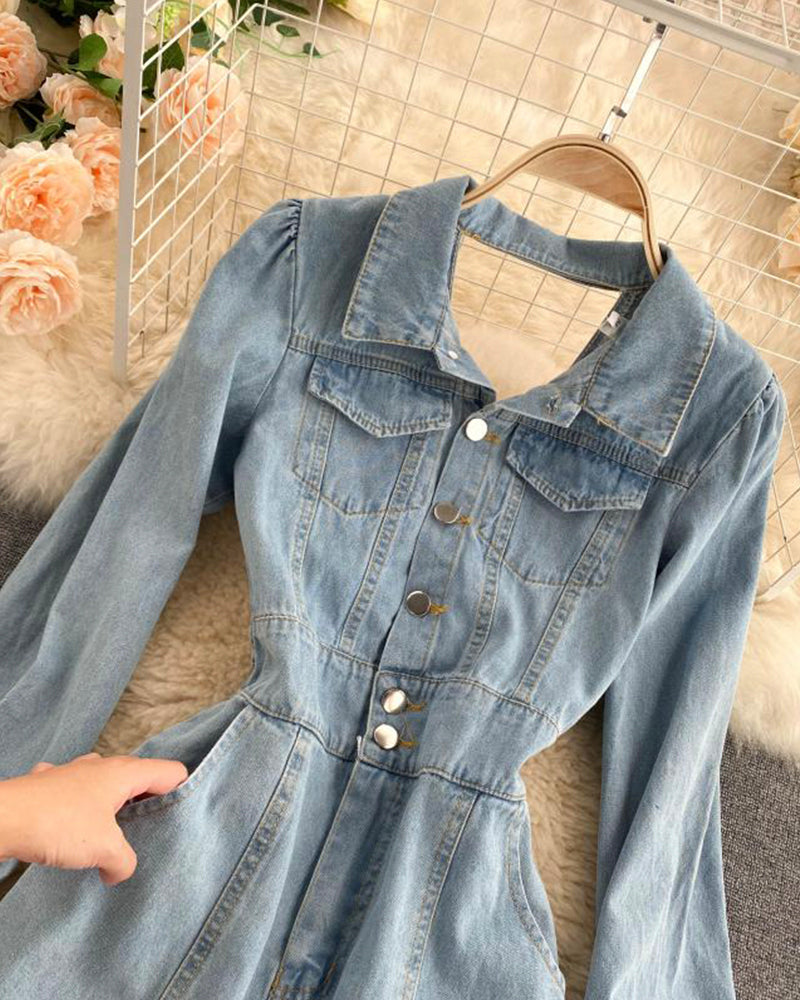 Stylish denim backless dress long sleeve dress  1019