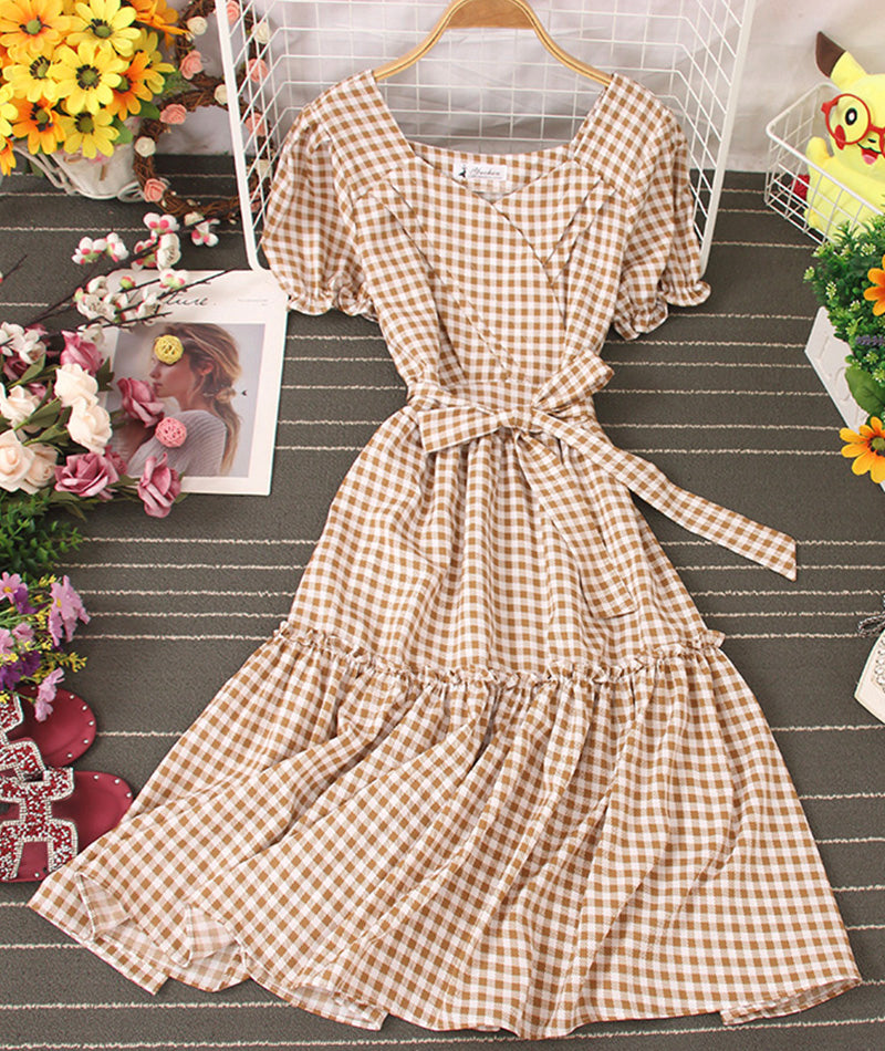 Jolie robe à carreaux Robe courte trapèze 1004