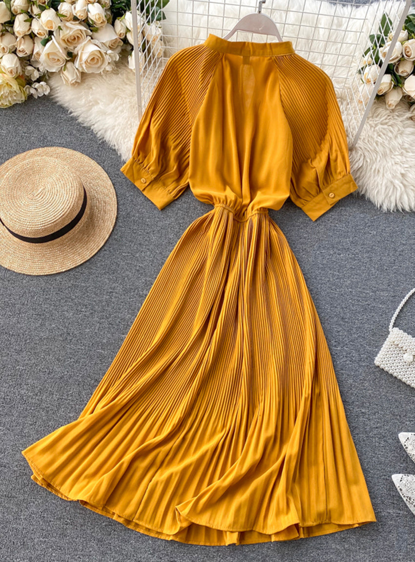 Simple A line pleated dress fashion girl short sleeve dress  1181