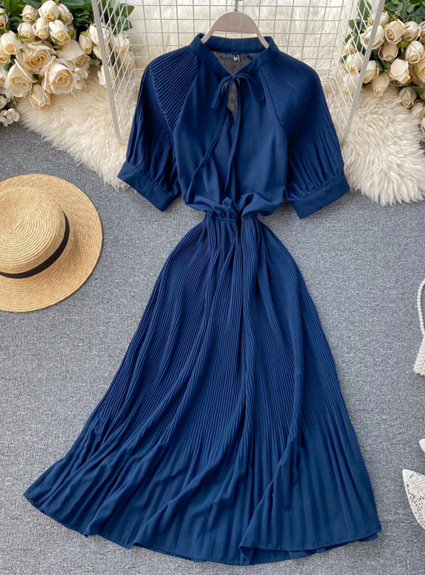 Simple A line pleated dress fashion girl short sleeve dress  1181
