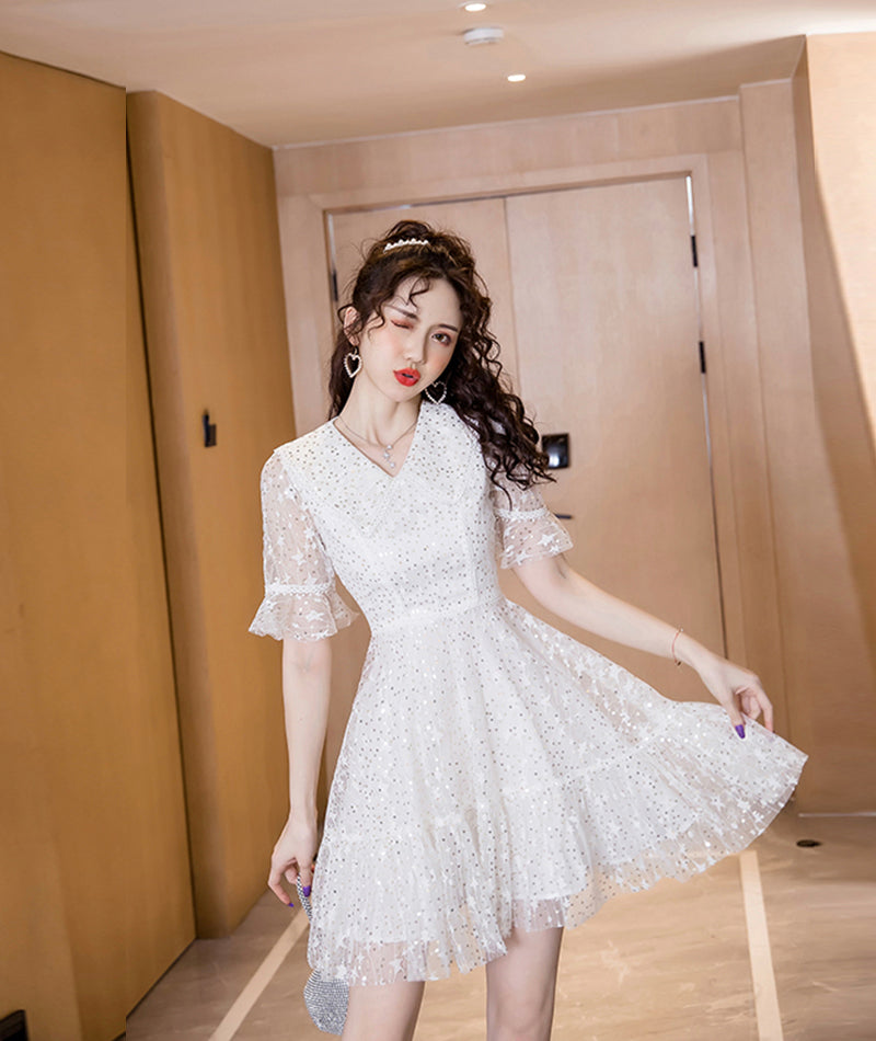 White v neck tulle sequins short dress  1078