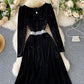 Black velvet long sleeve dress lace dress  1013