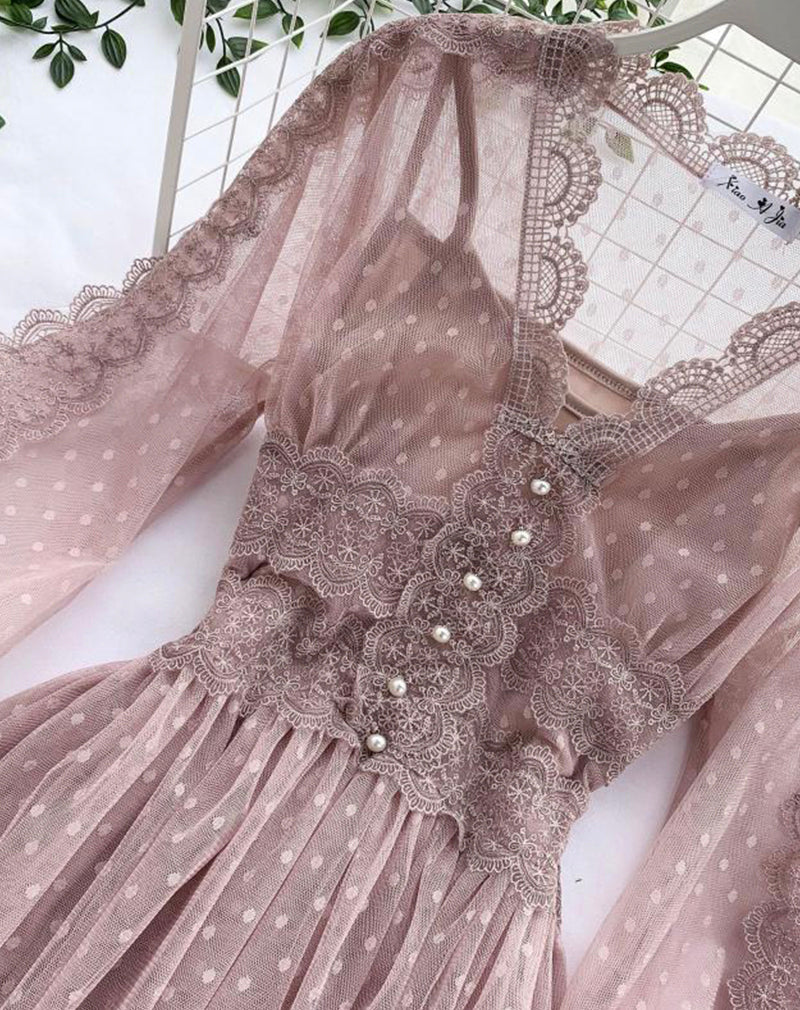 A line tulle lace long sleeve dress fashion dress  1072