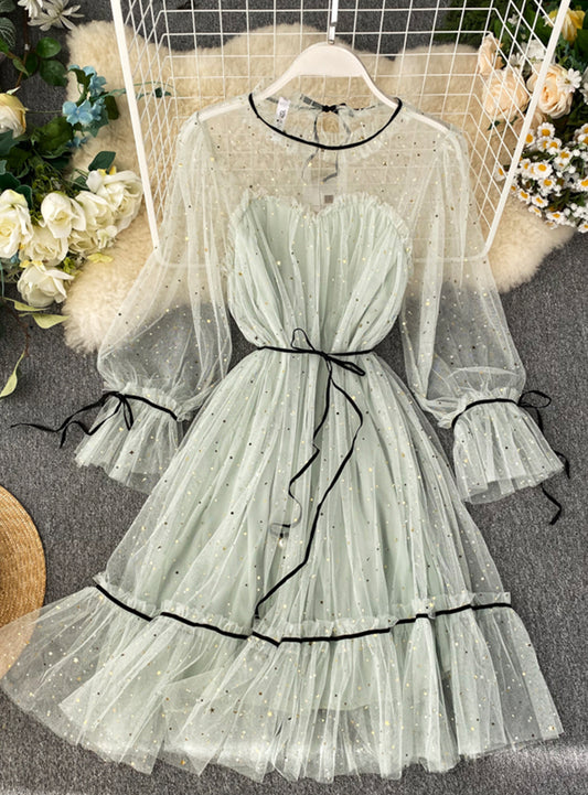 Schönes Tüll-Sterne-Pailletten-Kleid Sommerkleid 1176