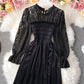 Elegantes schwarzes Samt-Spitzenkleid Langarmkleid 986