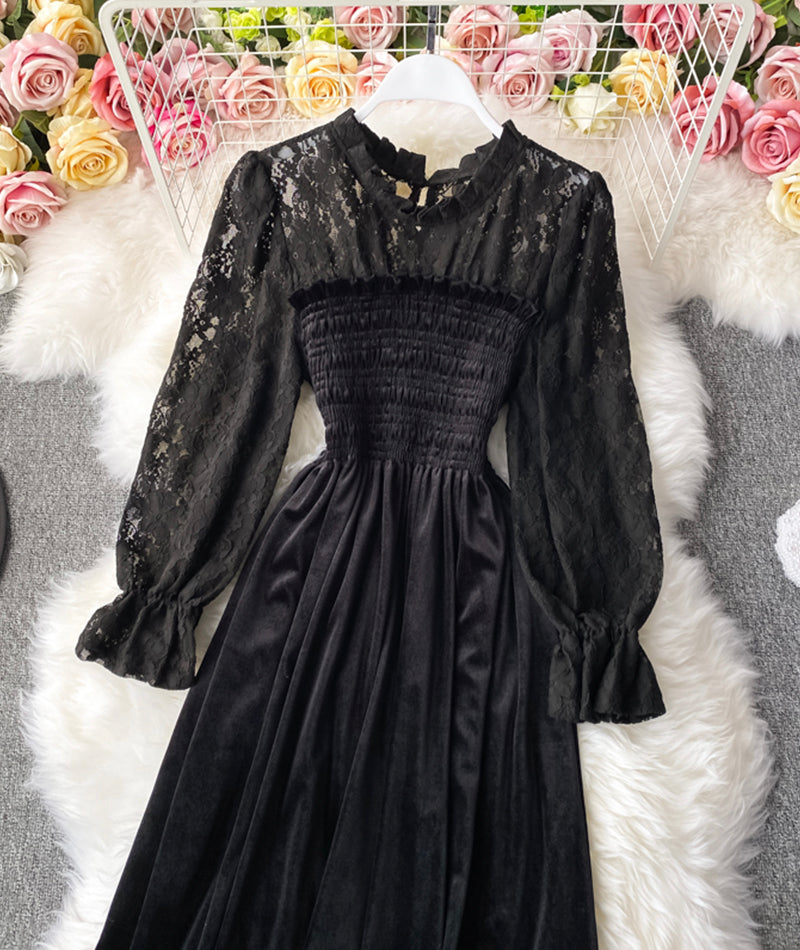 Elegantes schwarzes Samt-Spitzenkleid Langarmkleid 986