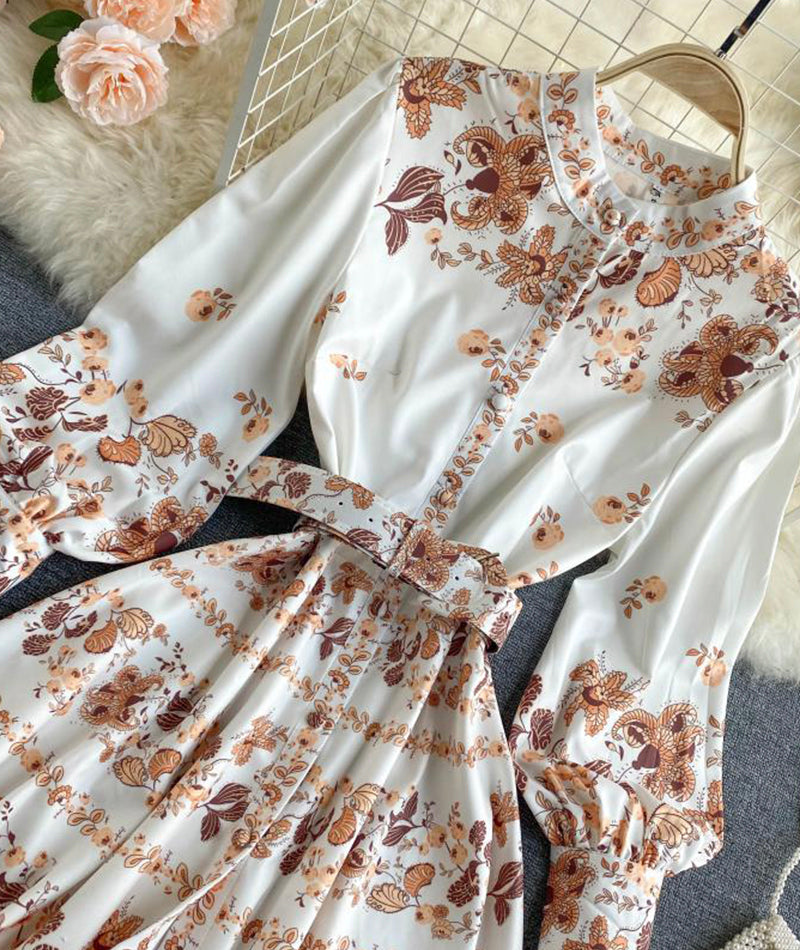 Retro print slim long sleeve dress  1031