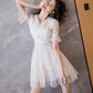 White v neck tulle sequins short dress  1078