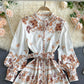 Retro print slim long sleeve dress  1031
