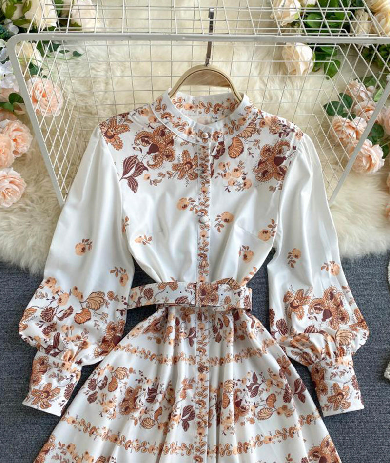Retro print slim long sleeve dress  1031