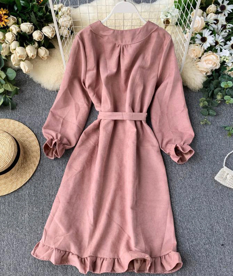 Long sleeve ruffle hem button down dress  1041