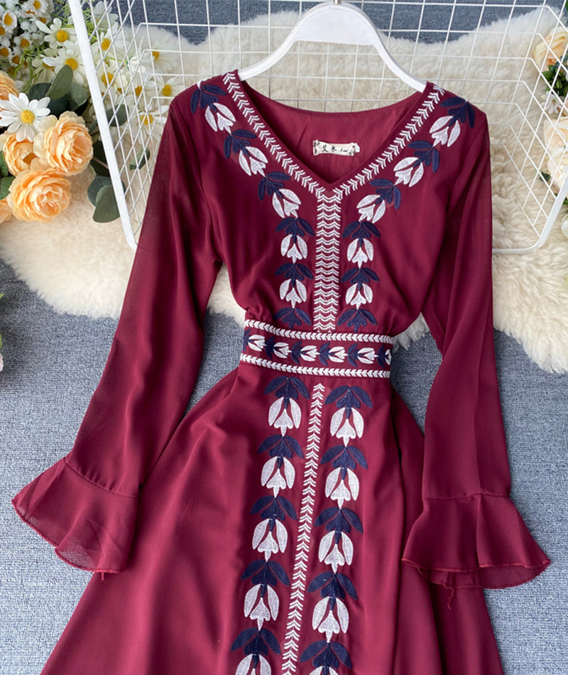 Stylish A line embroidery dress v neck chiffon dress  1016