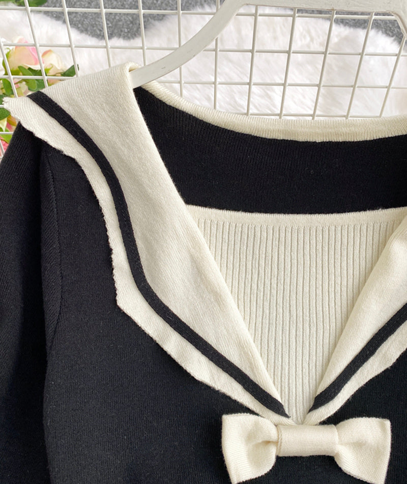 Black navy style knitted dress long sleeve dress  1010