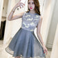 Graues Tüll-Spitzen-Kurzkleid Modekleid 1076 