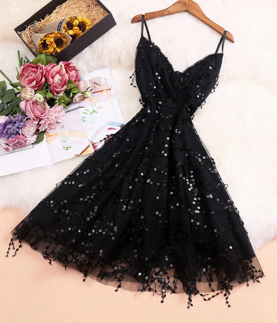 Stylish v neck tulle sequins short dress party dress  1131