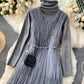 Stylish high neck bottoming shirt + sleeveless tulle dress two piece sets  991