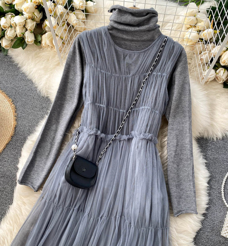 Stylish high neck bottoming shirt + sleeveless tulle dress two piece sets  991