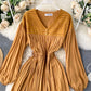 Vintage v neck pleated dress long sleeve dress  1033