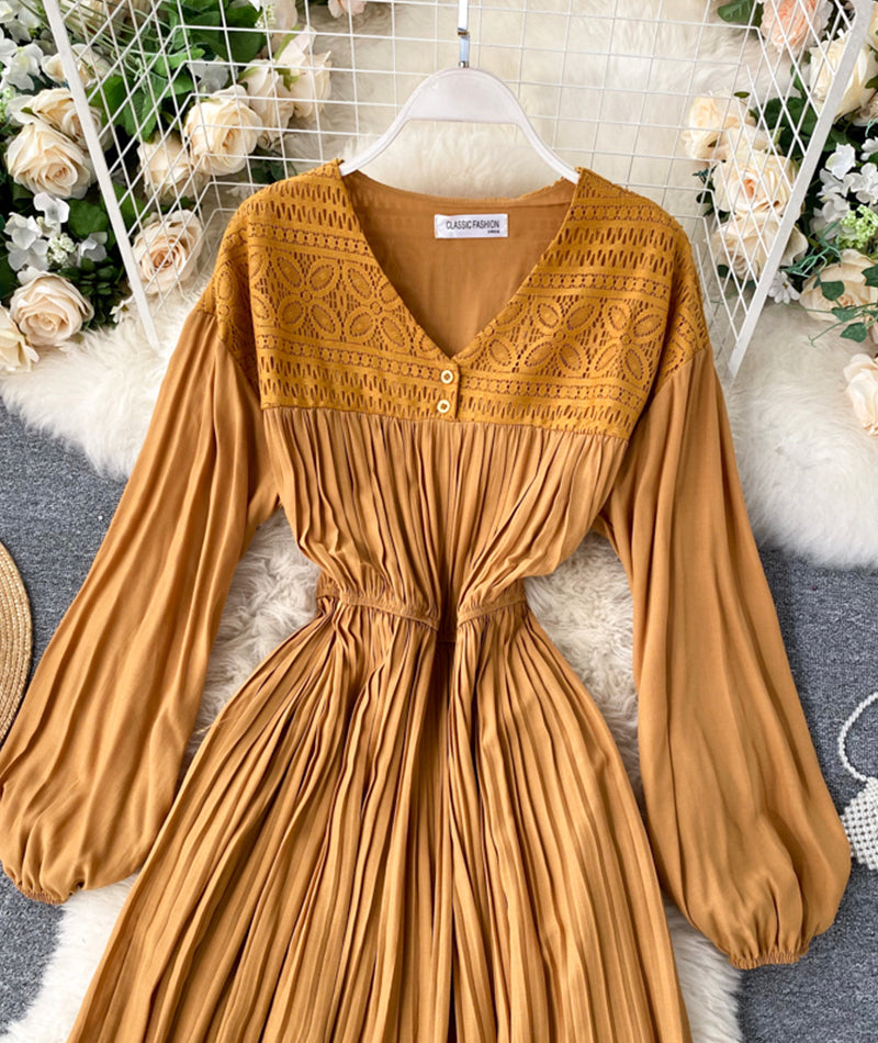 Vintage v neck pleated dress long sleeve dress  1033