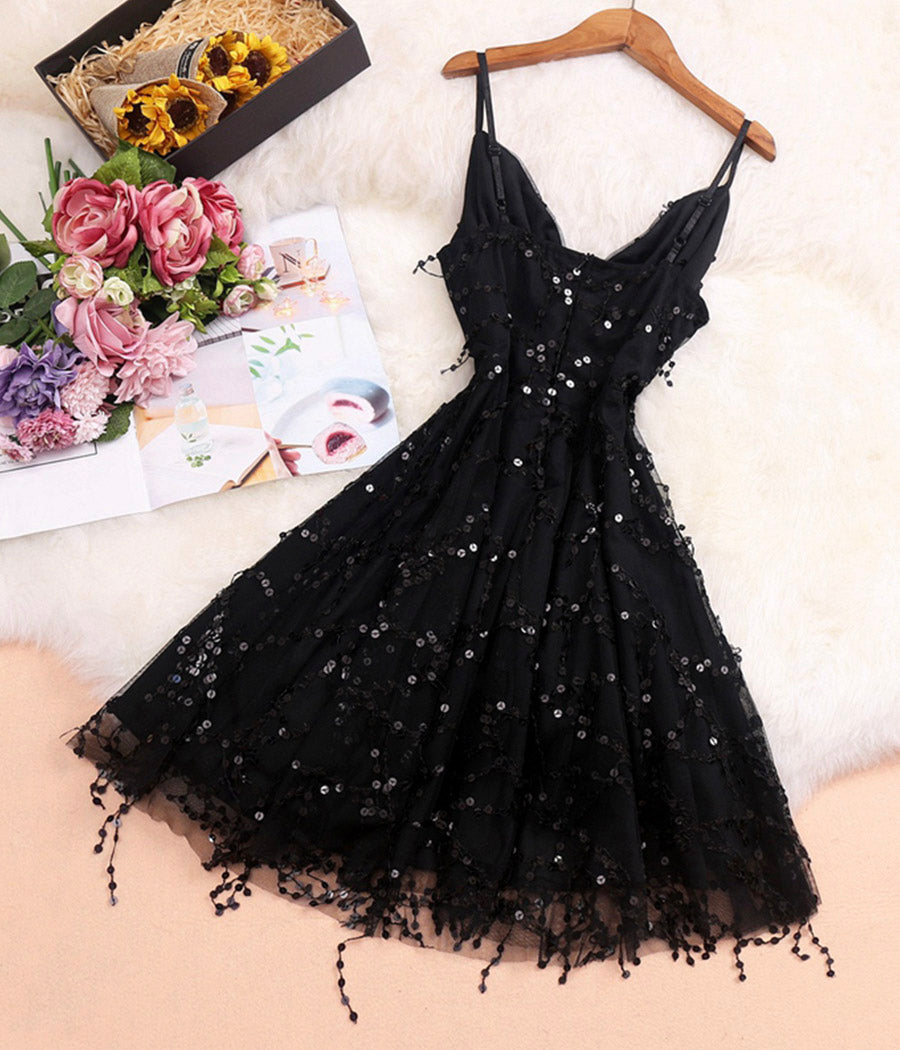 Stylish v neck tulle sequins short dress party dress  1131