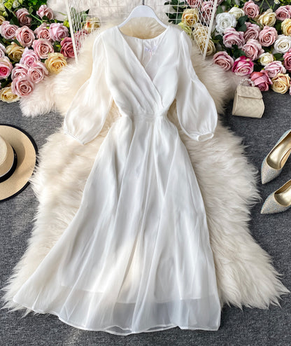 Simple A line v neck tulle dress women's dress  1059