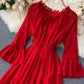 Red chiffon lace dress red A line dress  993