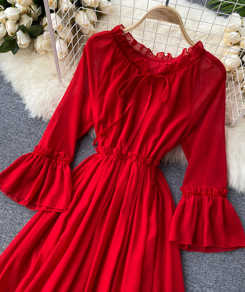 Red chiffon lace dress red A line dress  993
