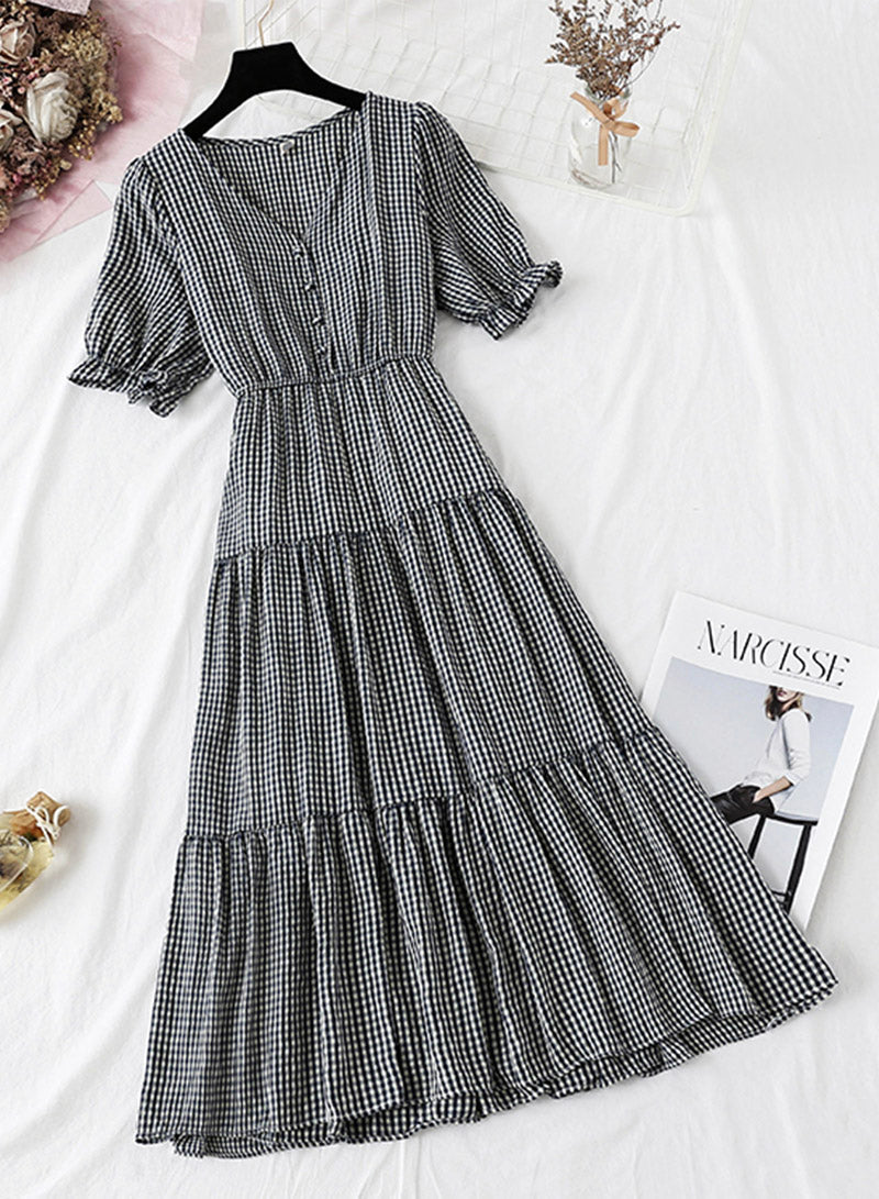 Women's dress A line v neck plaid dress  1135