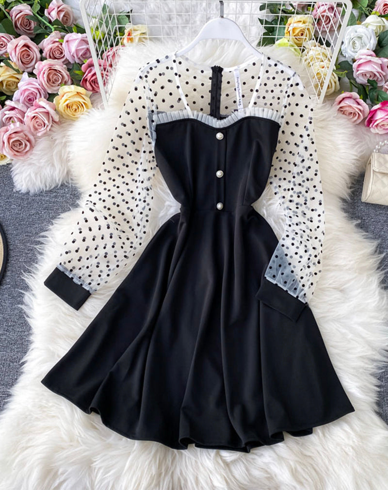 Schwarzes A-Linien-Langarmkleid Modekleid 1071
