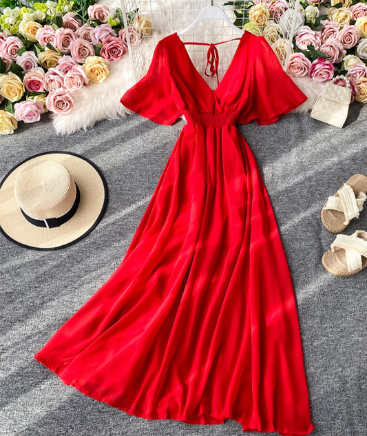 Rotes Chiffonkleid mit V-Ausschnitt Modekleid 1063