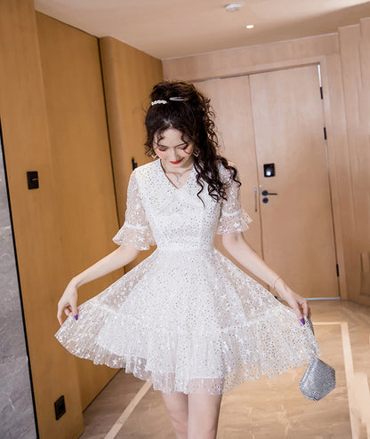 White v neck tulle sequins short dress  1078