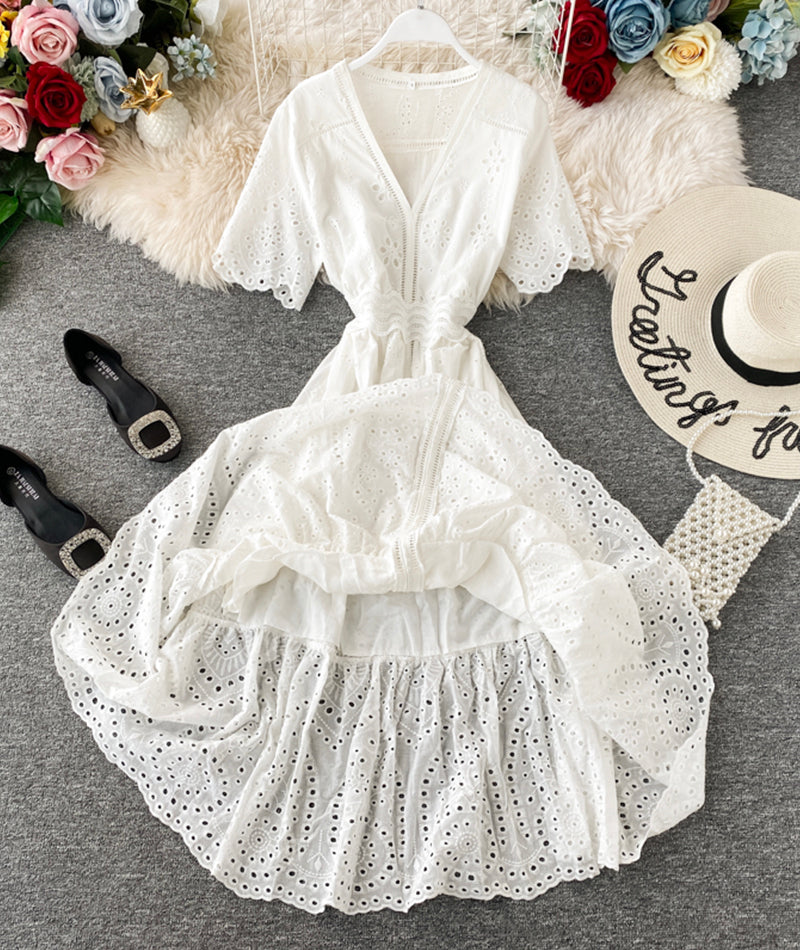 White v neck short sleeve dress fashion dress  1074