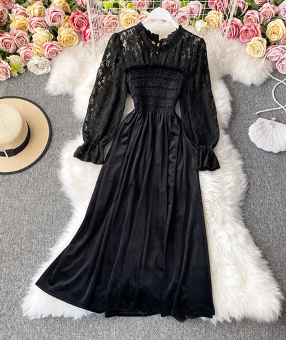 Elegantes schwarzes Samt-Spitzenkleid Langarmkleid 986
