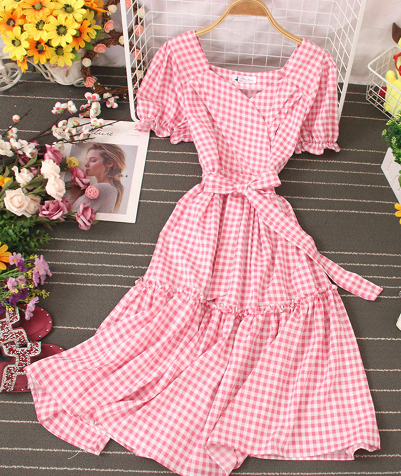 Jolie robe à carreaux Robe courte trapèze 1004