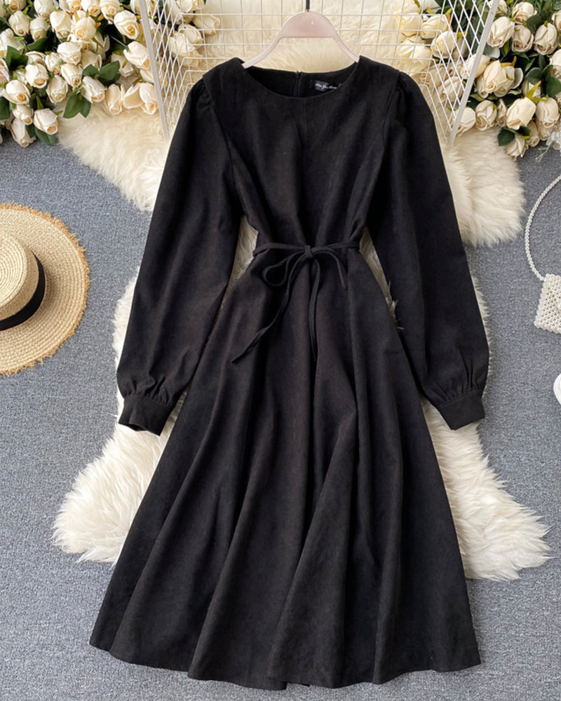 Retro round neck long sleeve dress  1020