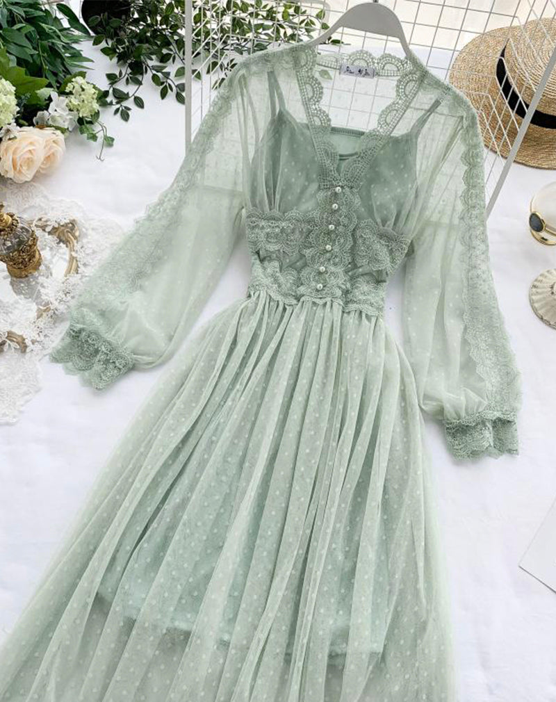 A line tulle lace long sleeve dress fashion dress  1072