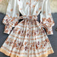 Retro print slim long sleeve dress  1031