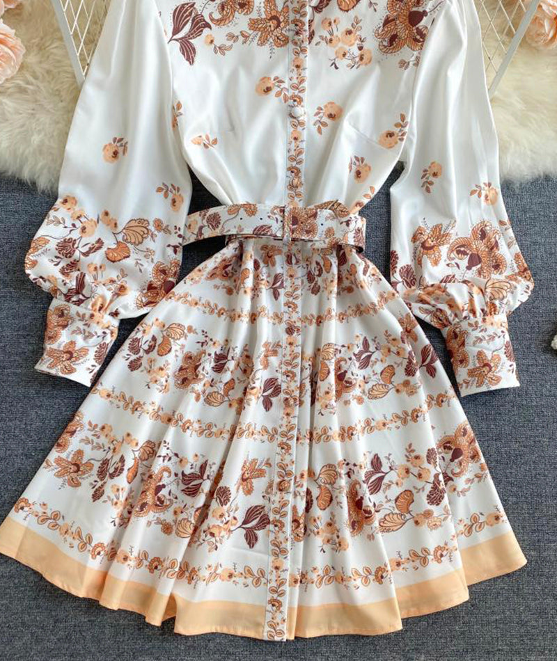 Retro print slim long sleeve dress  1031