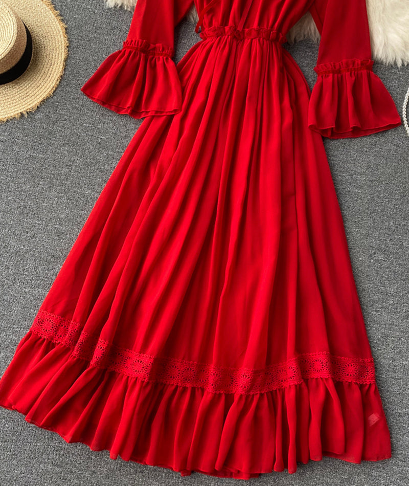 Red chiffon lace dress red A line dress  993